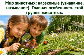 Дети наблюдают бабочку, божью коровку, пчелу, муравья, стрекозу и кузнечика