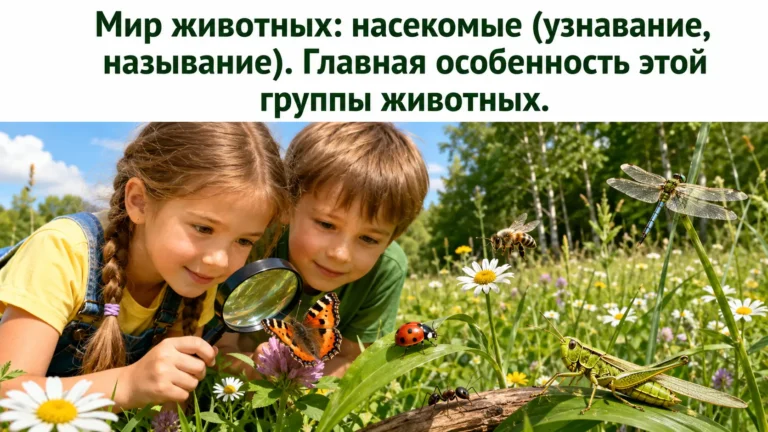 Дети наблюдают бабочку, божью коровку, пчелу, муравья, стрекозу и кузнечика