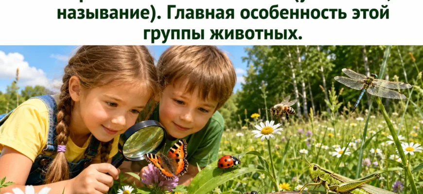 Дети наблюдают бабочку, божью коровку, пчелу, муравья, стрекозу и кузнечика