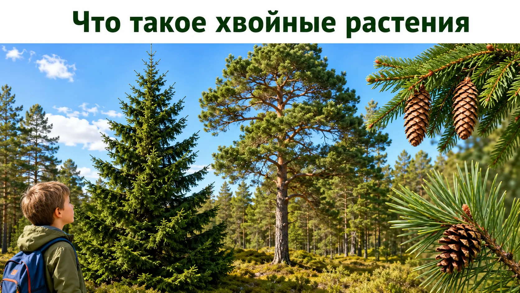 Ель и сосна с хвоей и шишками в хвойном лесу