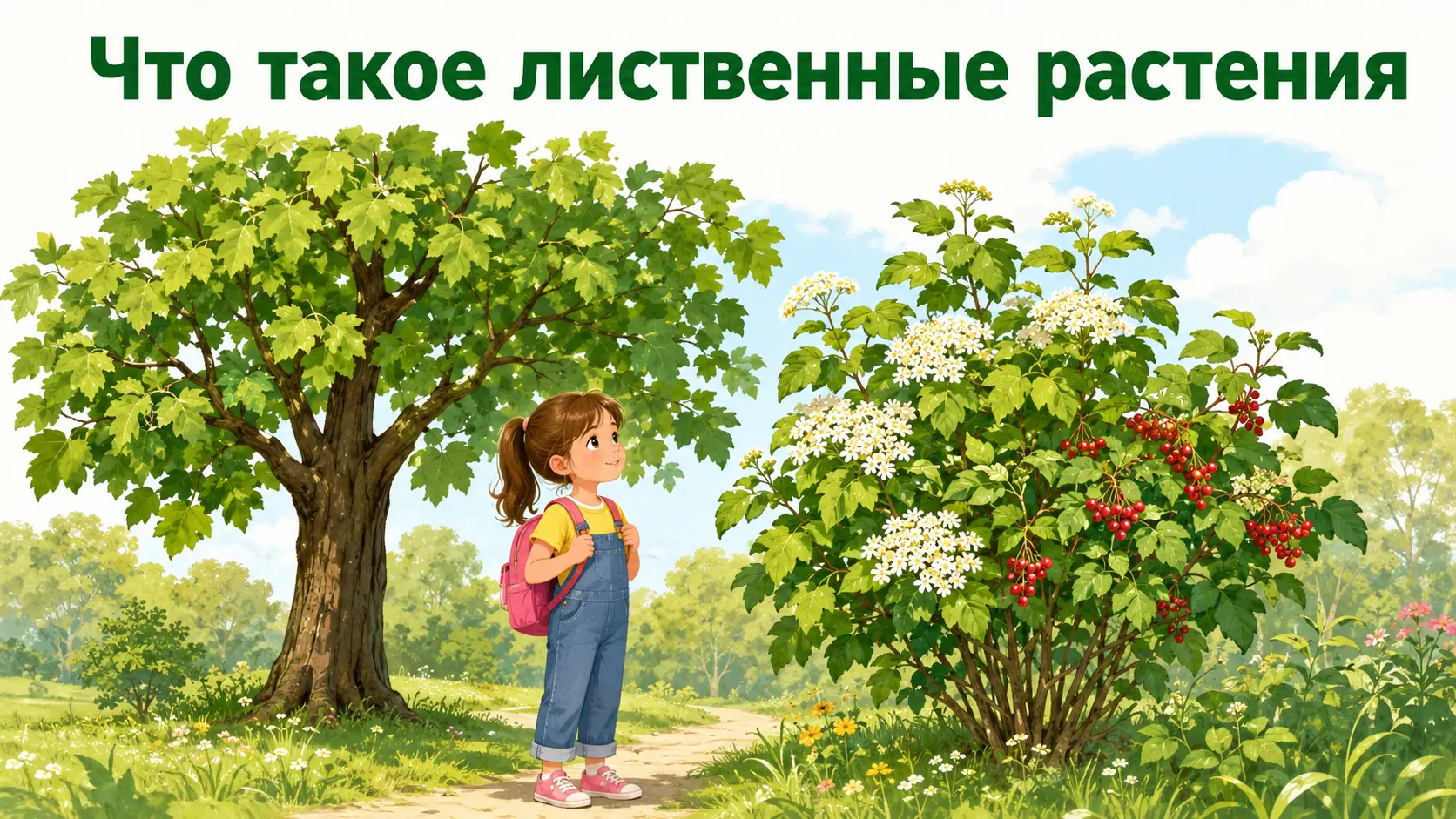 Лиственное дерево и лиственный кустарник с плоскими листьями