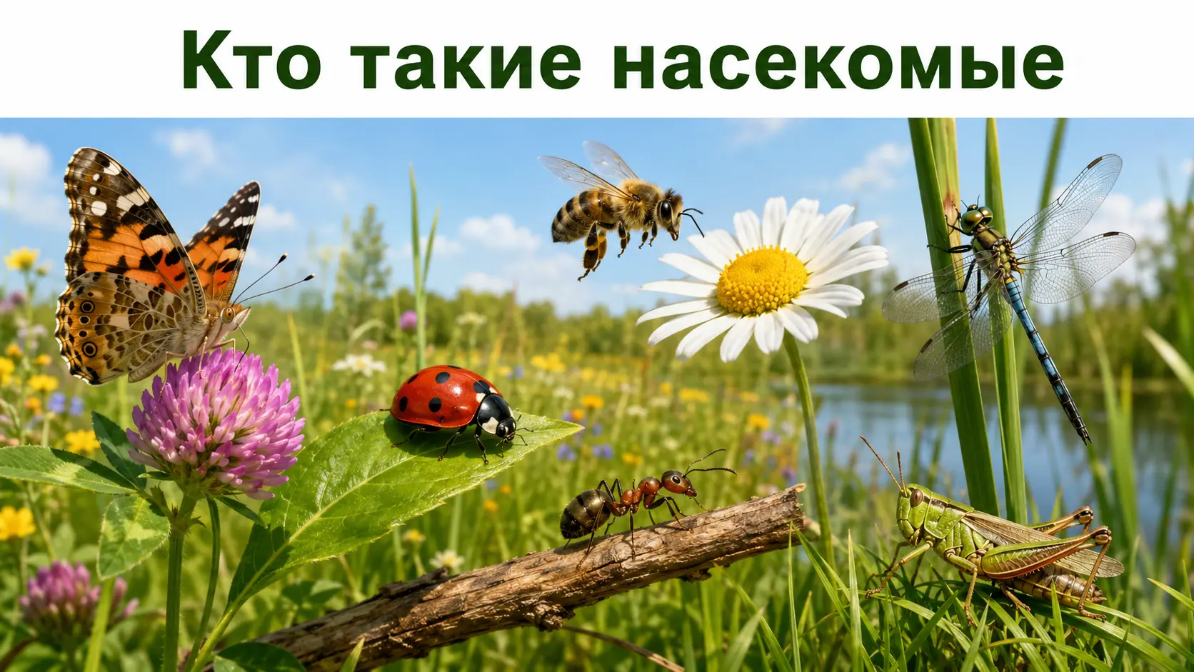Бабочка, божья коровка, пчела, муравей, стрекоза и кузнечик