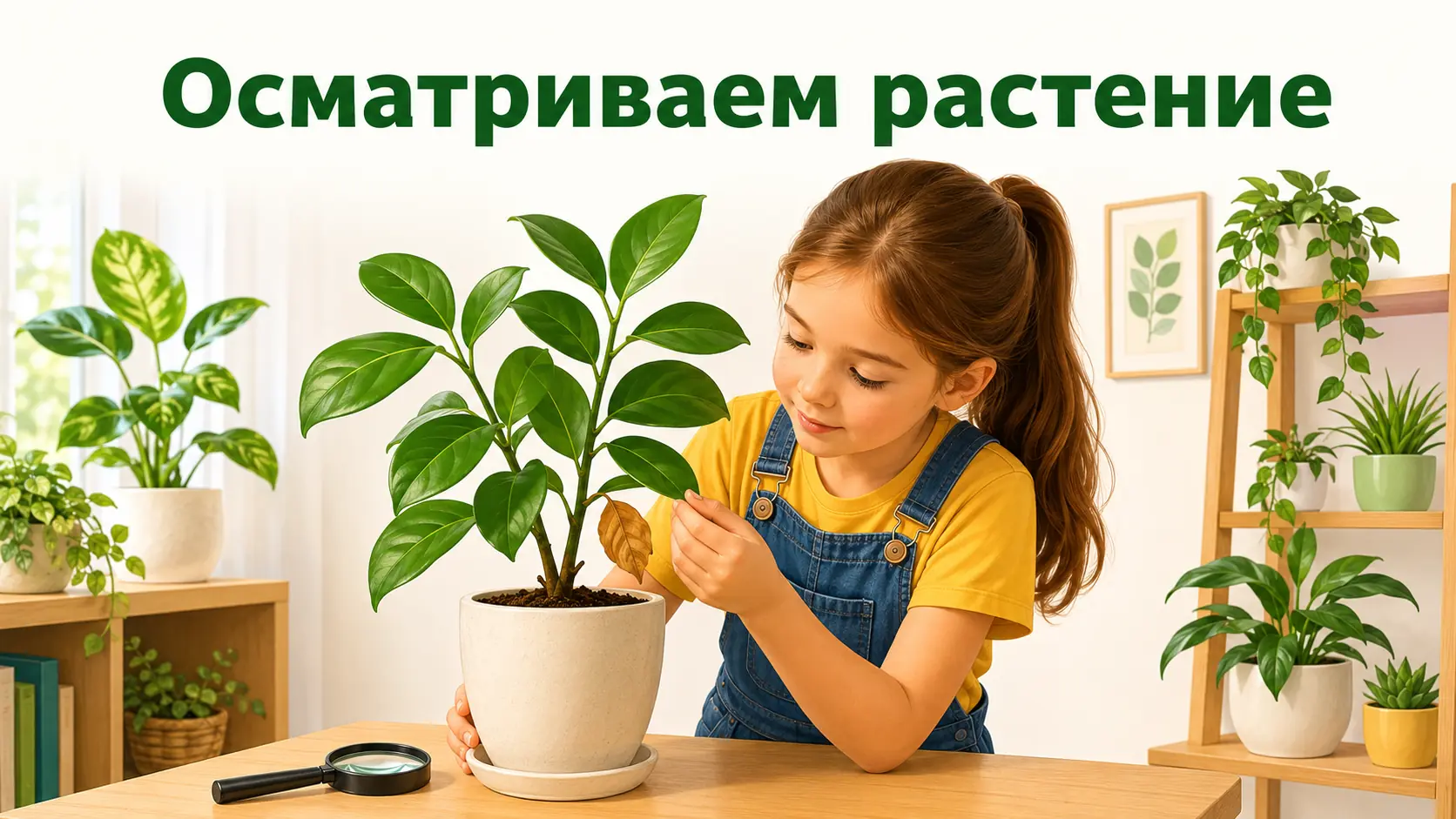 Девочка внимательно осматривает комнатное растение