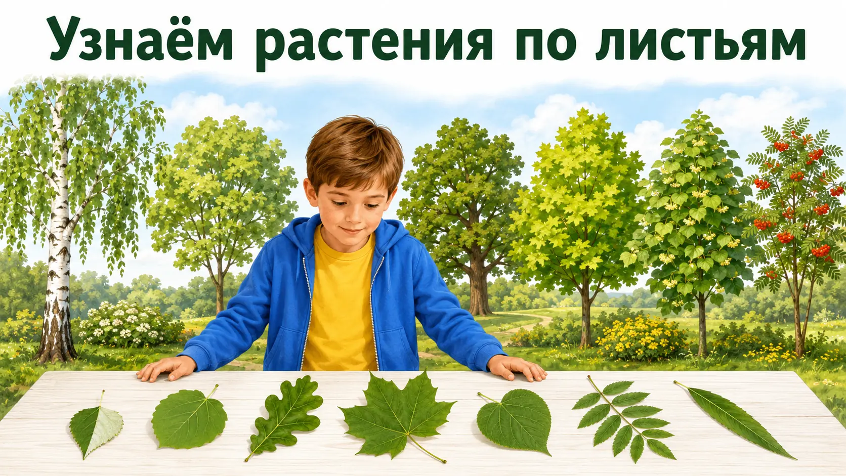Листья берёзы, осины, дуба, клёна, липы, рябины и ивы