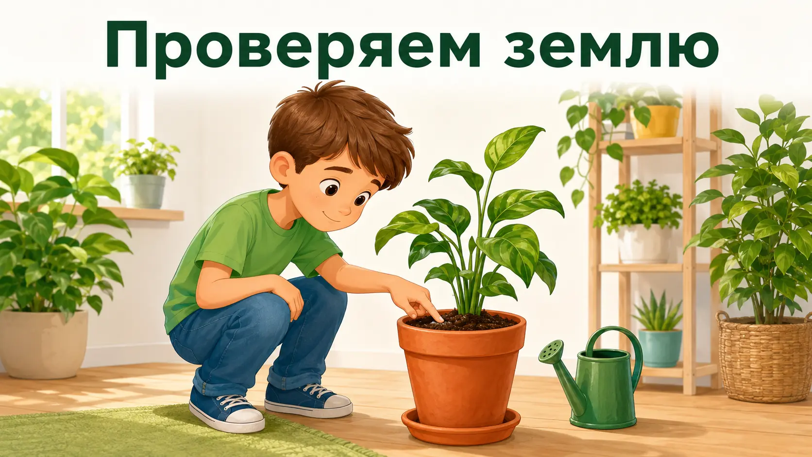 Ребёнок проверяет влажность земли в цветочном горшке
