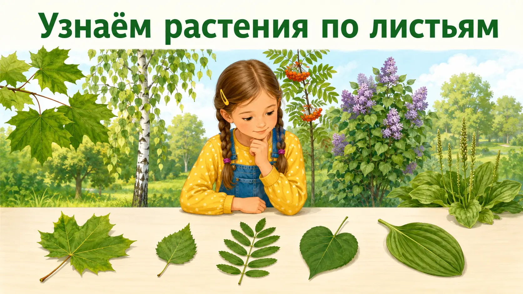 Листья клёна, берёзы, рябины, сирени и подорожника