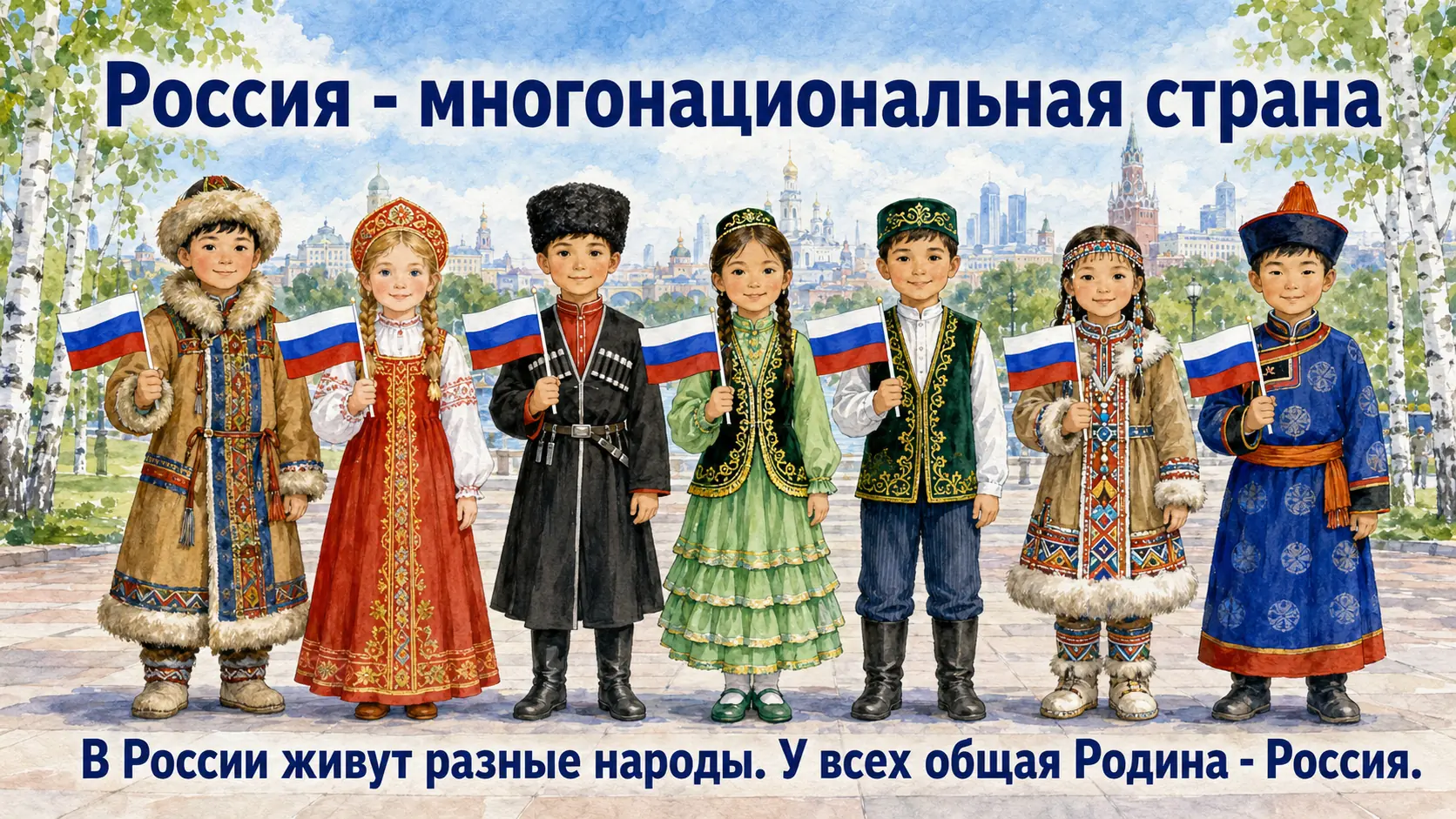 Дети народов России стоят с российскими флажками