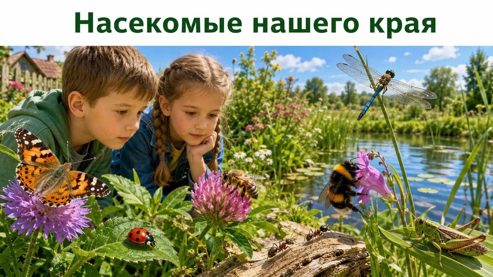 Дети наблюдают распространённых насекомых на лугу и возле водоёма