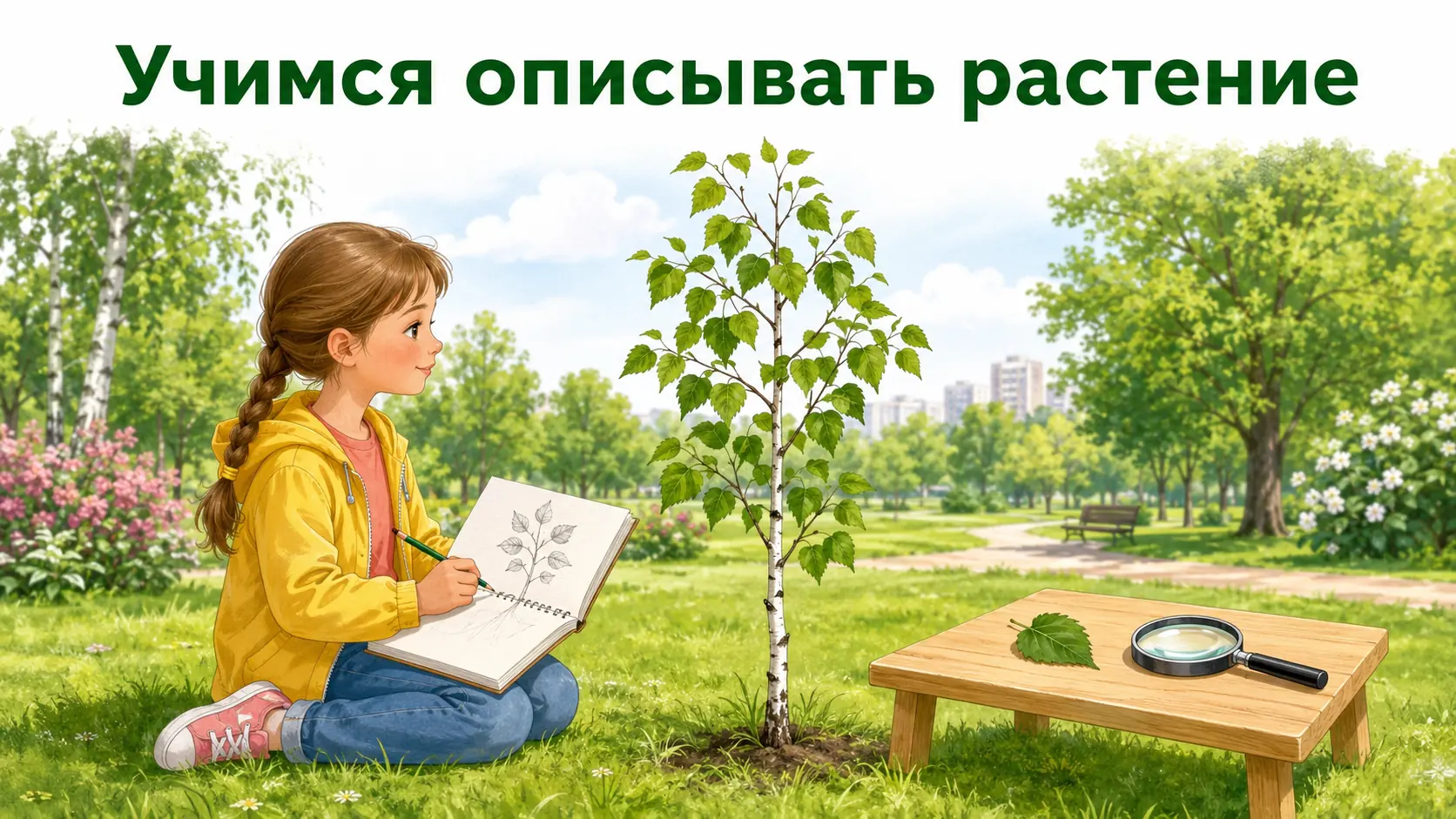 Девочка наблюдает за берёзой и зарисовывает растение