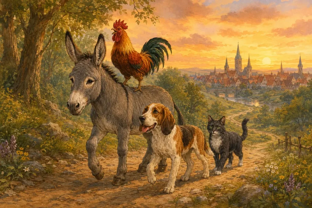 Бременские музыканты — осёл, собака, кот и петух идут в Бремен