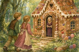 Гензель и Гретель находят пряничный домик в лесу