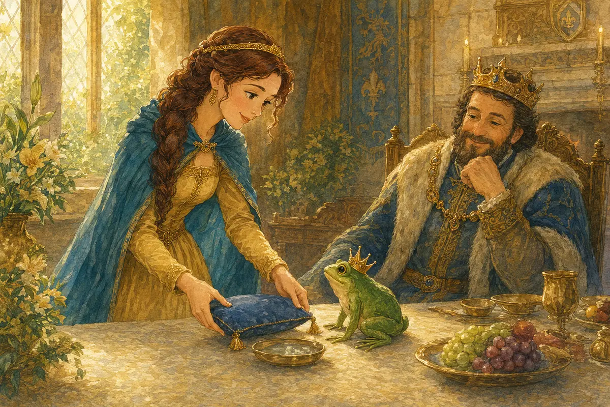 Принцесса принимает лягушонка за королевским столом Принцесса принимает лягушонка за королевским столом
