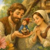 Мальчик-с-пальчик сидит на ладони отца у родного дома