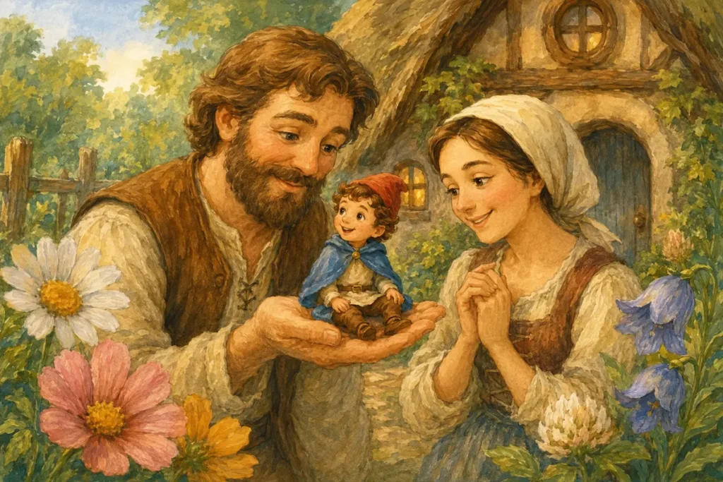 Мальчик-с-пальчик сидит на ладони отца у родного дома