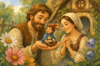 Мальчик-с-пальчик сидит на ладони отца у родного дома
