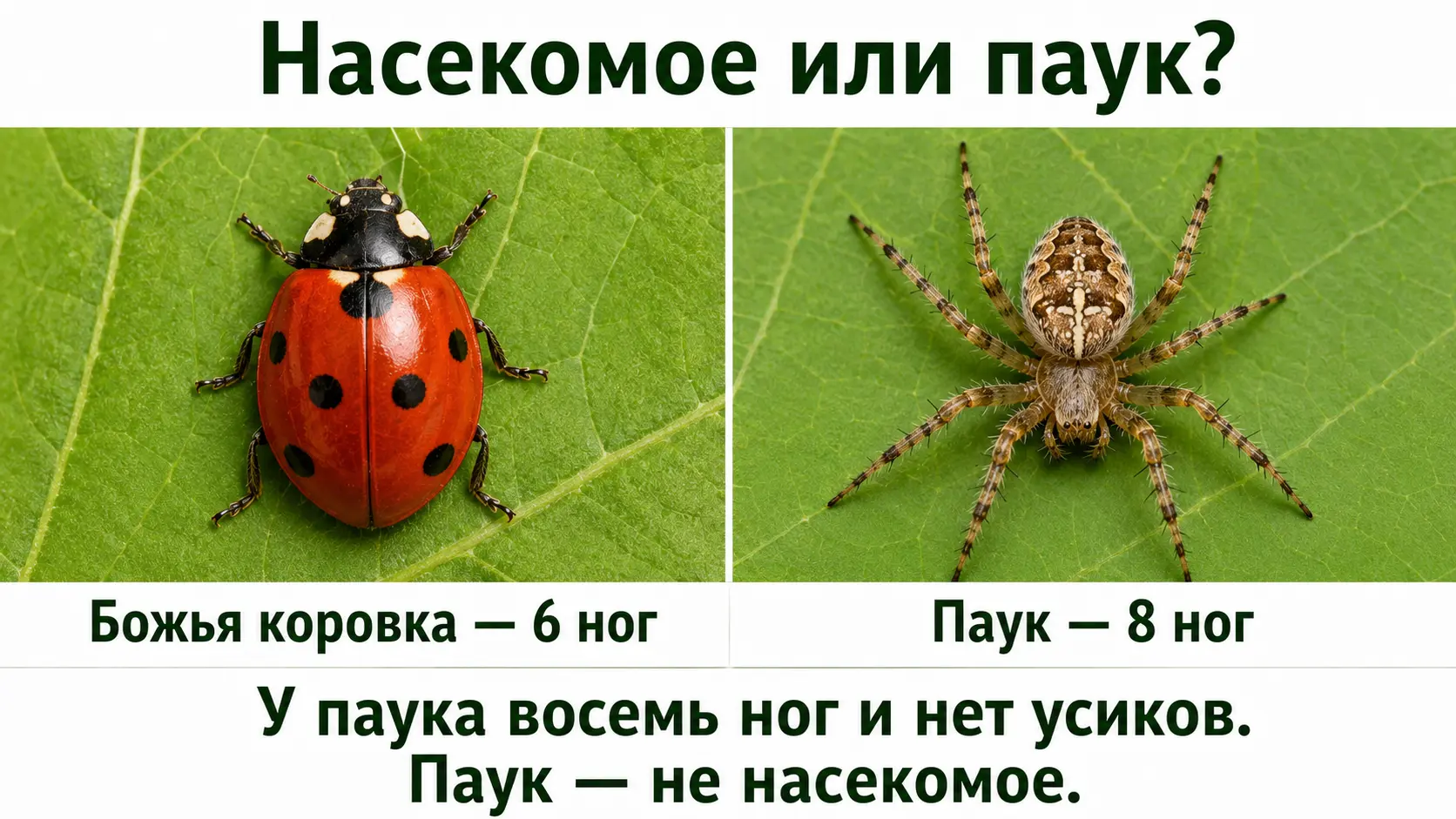 Сравнение насекомого с шестью ногами и паука с восемью ногами