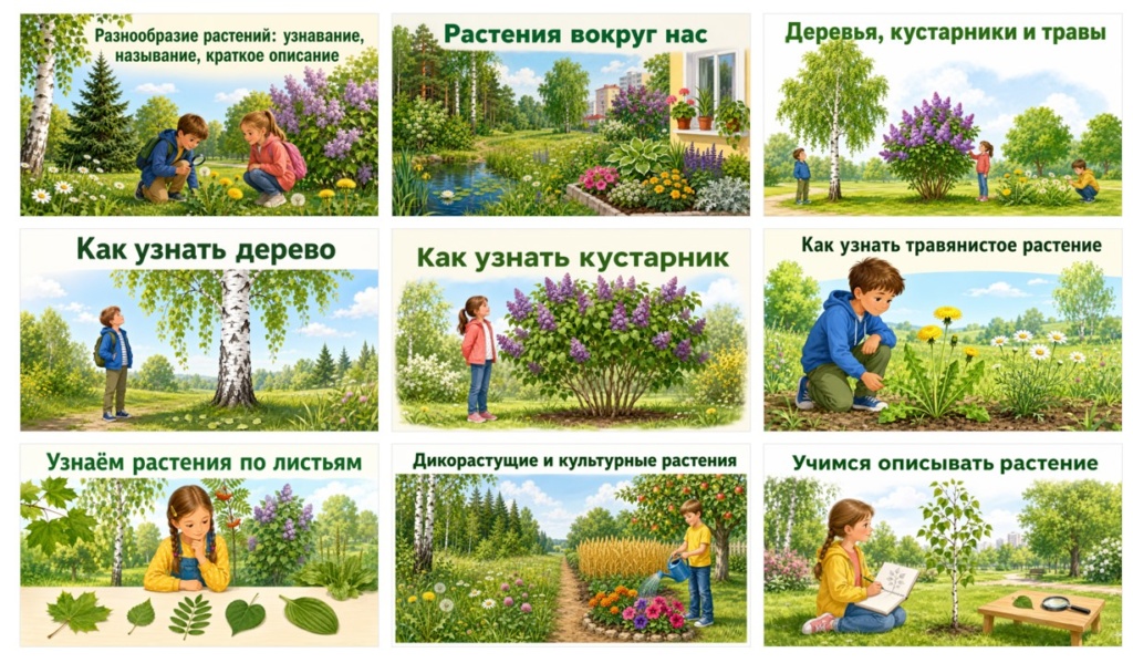 Разнообразие растений: узнавание, называние, краткое описание.
