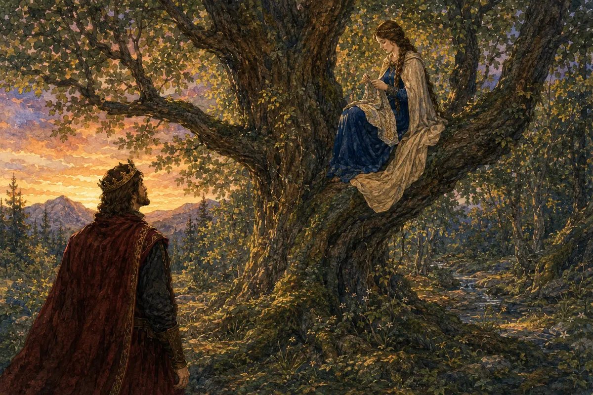 Король находит принцессу за шитьём на дереве Король находит принцессу за шитьём на дереве