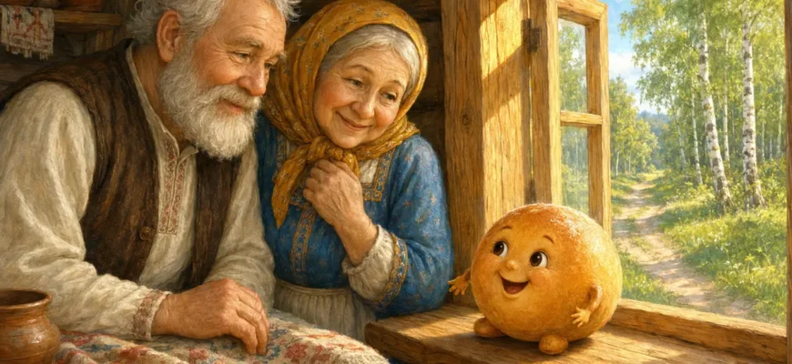 Дед и баба смотрят на Колобка у окна русской избы