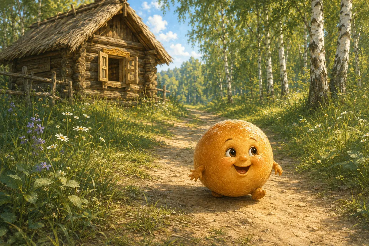 Колобок катится по лесной дорожке от дома деда и бабы